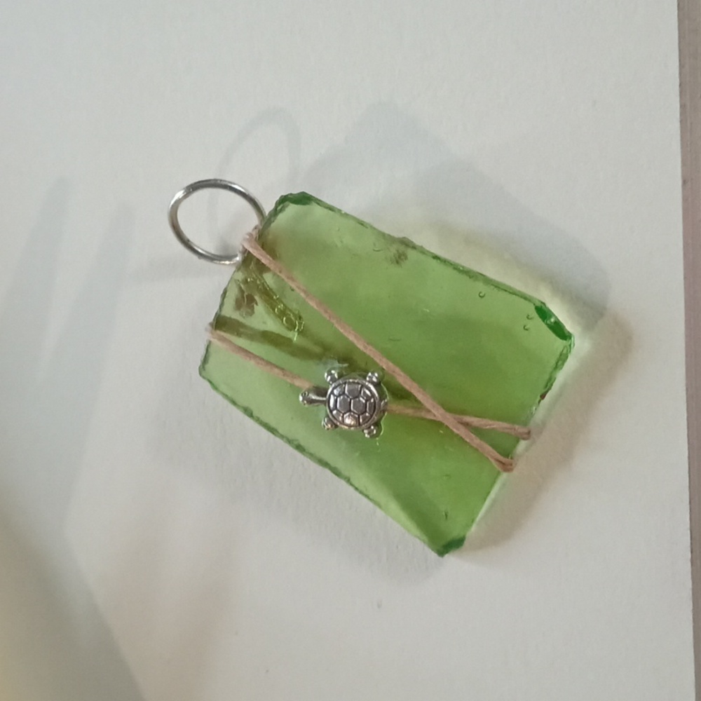 Green Sea Glass Pendant Necklace with Turtle Charm